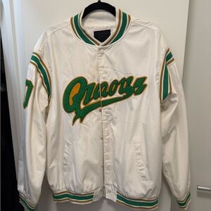 White Varsity Jacket with Green and Yellow Accents